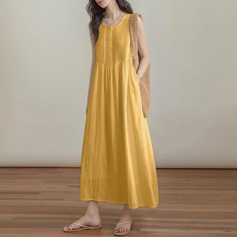 Sleeveless Pleated Long Sundress For Summer Beach Casual