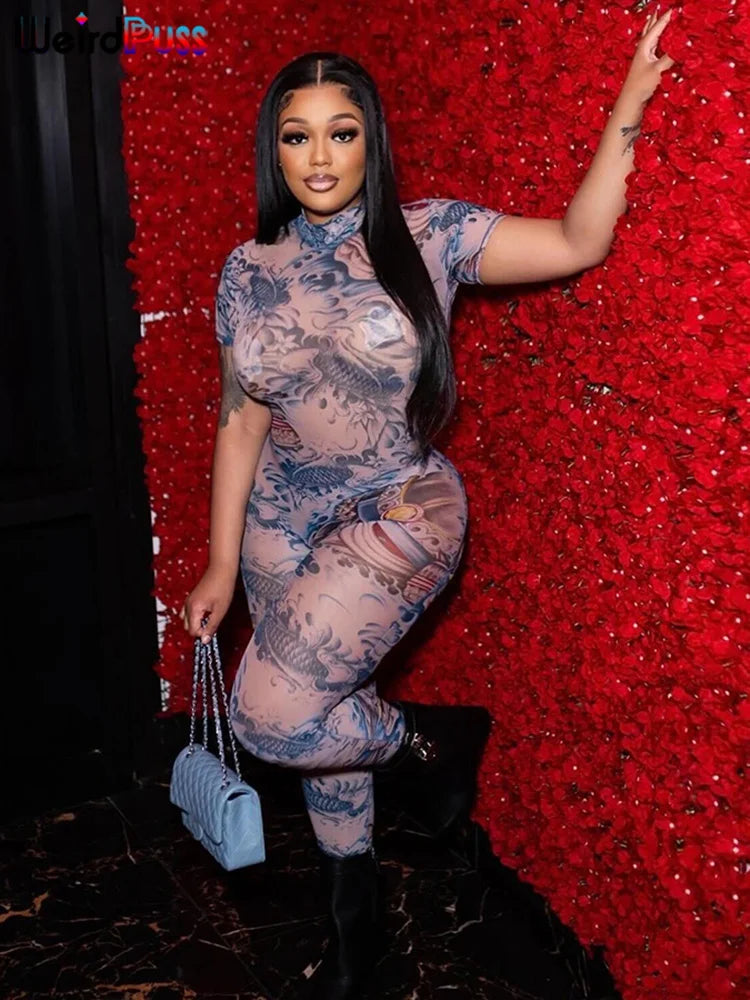 Women's Backless Dragon Print See-Through Jumpsuit Slim Stretch Short Sleeve Workout Overalls Clubwear