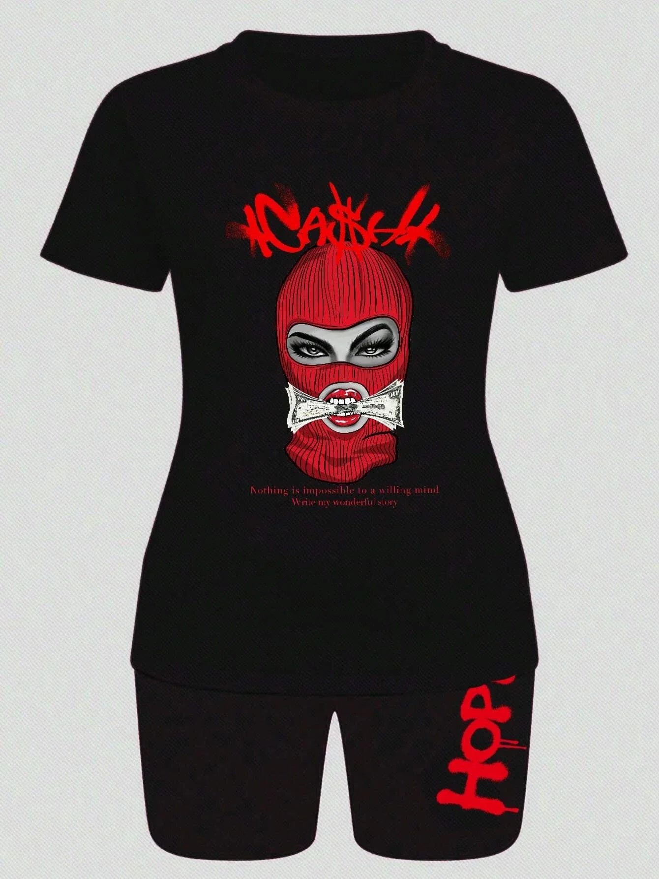 Breathable Cotton Two Piece Set Featuring Lady Wearing Mask Print Short Sleeve T-Shirt and Soft Polyester Hip Hop Style Shorts for Women