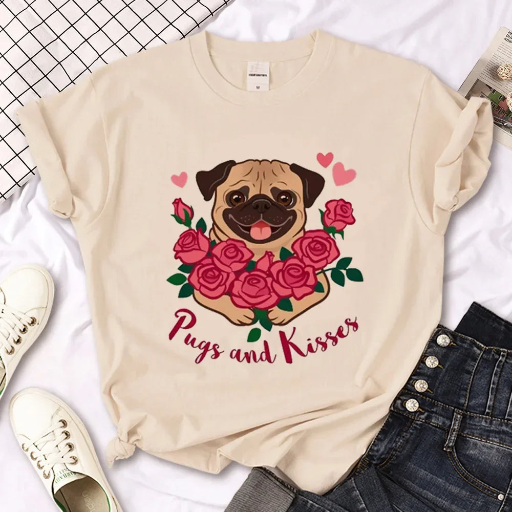 Pug Anime T-Shirt for Women Japanese Style Summer Streetwear Basic Tee