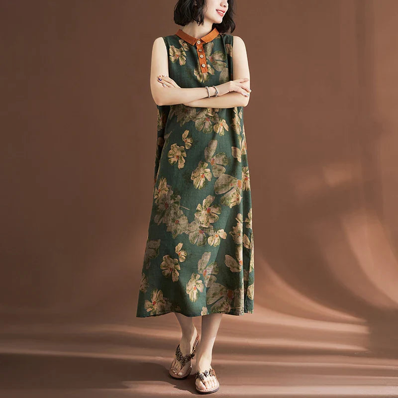 Printed Linen Sleeveless Dress for Women Summer Casual
