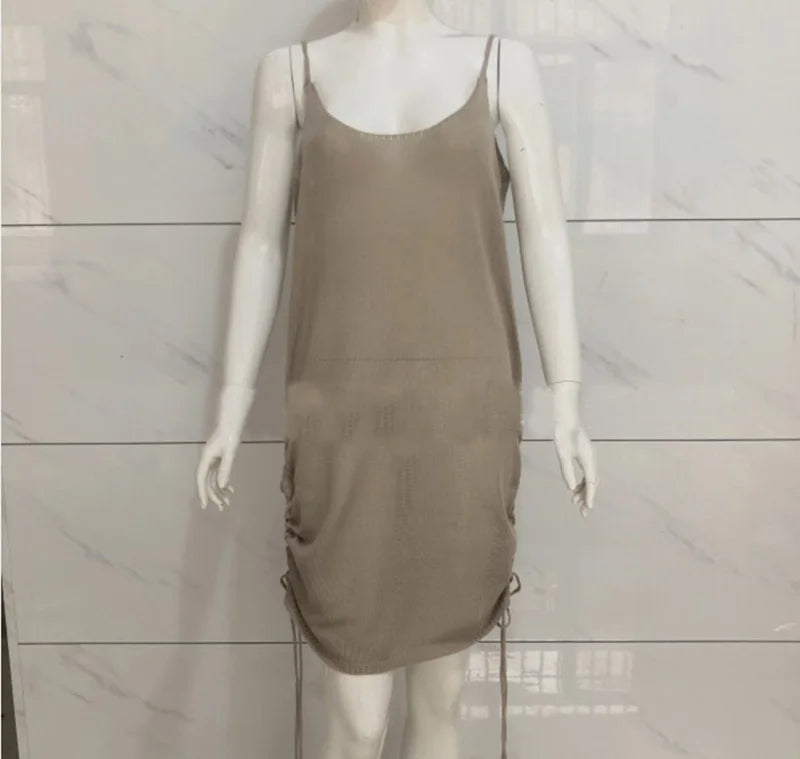 Women Knitted Bodycon Spaghetti Strap Mini Dress Solid