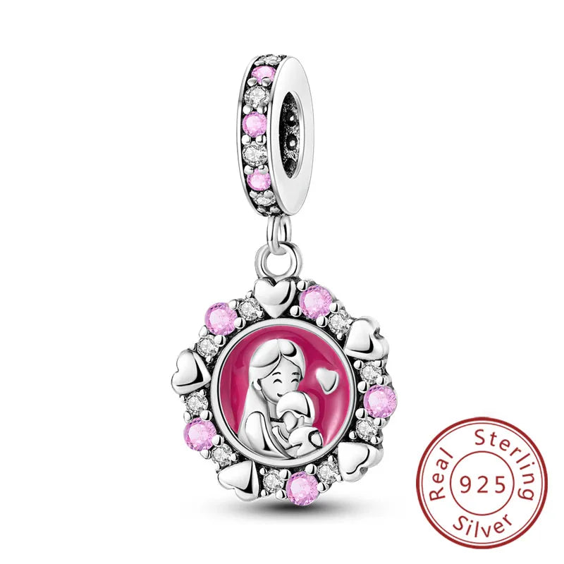 925 Sterling Silver Love Heart Family Charm Bead Pendant for Women's Bracelet Jewelry Gift