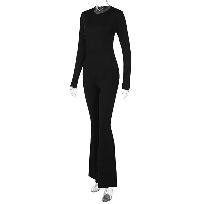 Sexy Black Backless Long Sleeve Bodycon Jumpsuit for Women Slim Fit Flare Pants Casual Streetwear Rompers Autumn Fashion