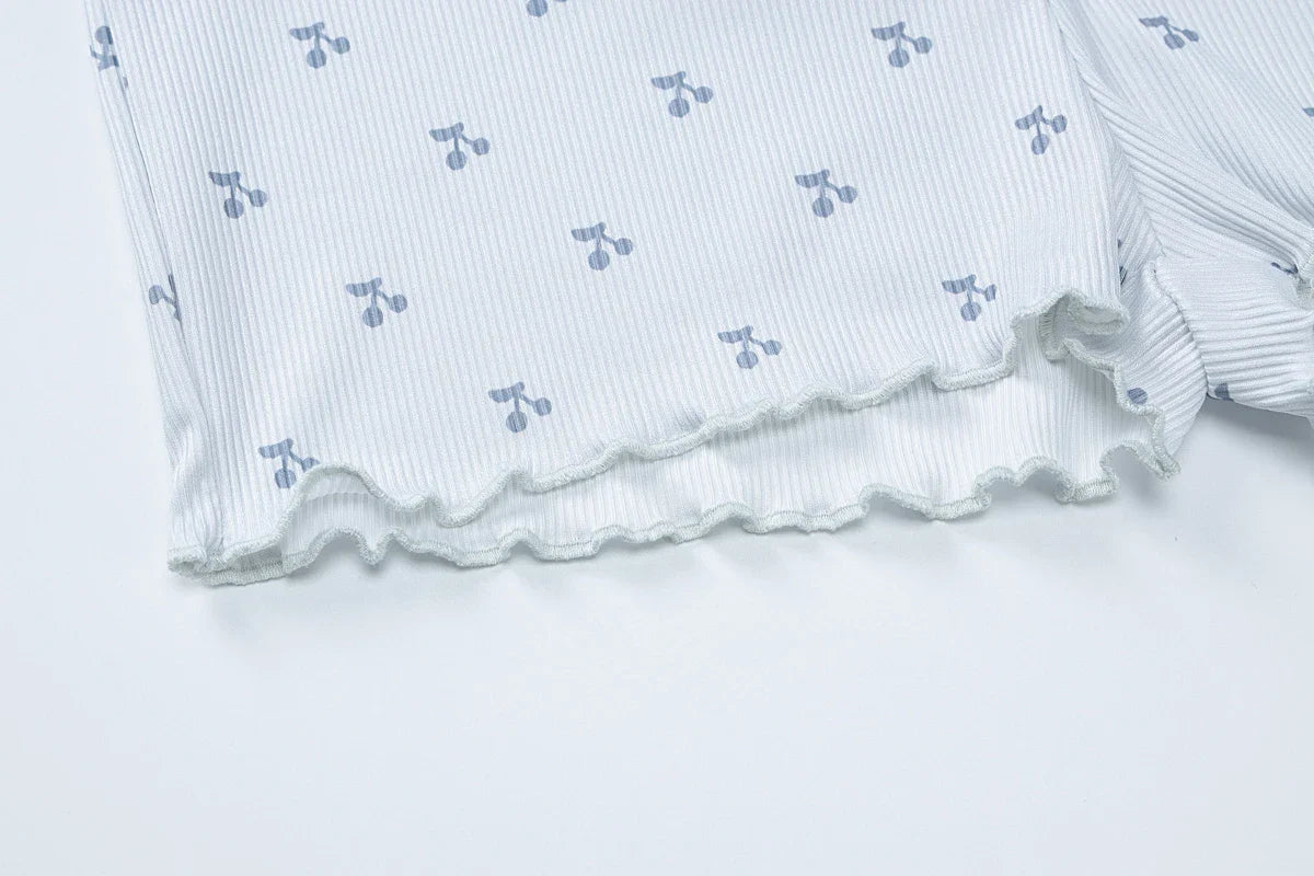 Cherry Print Two-Piece Matching Set with Slim Crop Camisole Top and Bow-Accent Shorts Summer Casual Festival and Workout Outfit for Women