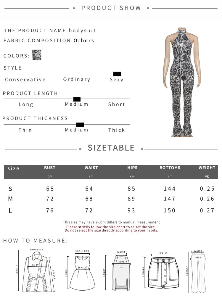 Attractive Y2K Women Jumpsuit Fashion Print Halter Neck Backless High Collar Off Shoulder Overalls for Nightclub Party