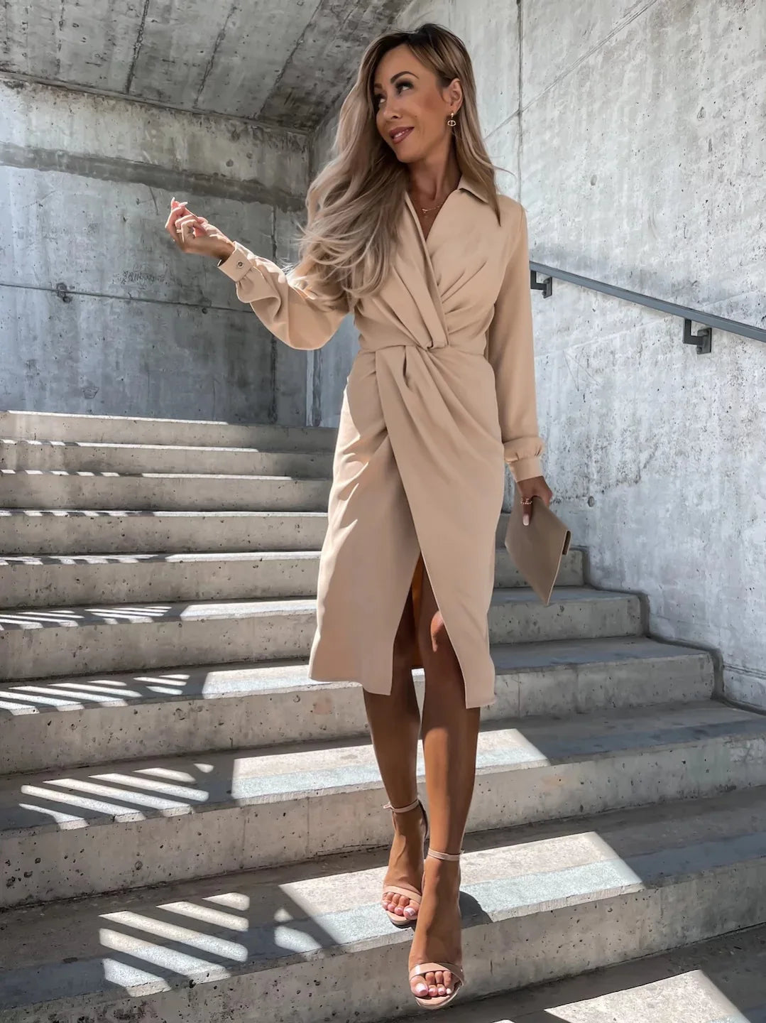 Elegant Women Solid Party Dress With Collar Long Sleeve