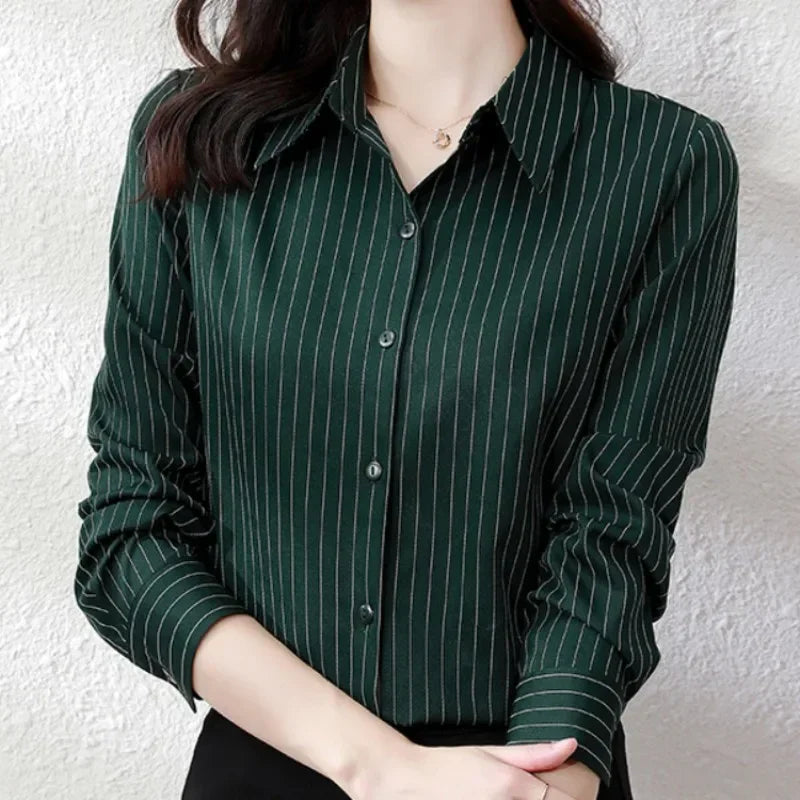 Striped Long Sleeve Women Shirt Button Up Blouse Lightweight Chiffon Tops Elegant Casual Office Wear
