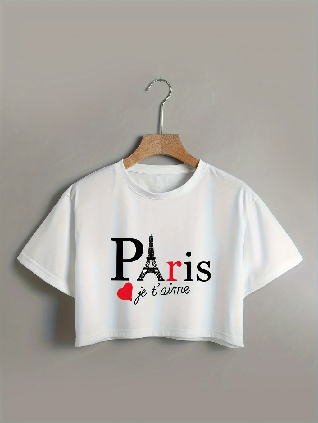 Alphabets Print Short Sleeve Crop Top with Crew Neck and Micro Elasticity for Spring Wear