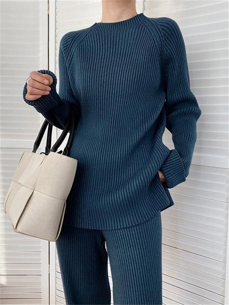 Knitted Tracksuit for Women Autumn Winter Two Piece Set with Half Turtleneck Sweater and Wide Leg Jogging Pants Outfit
