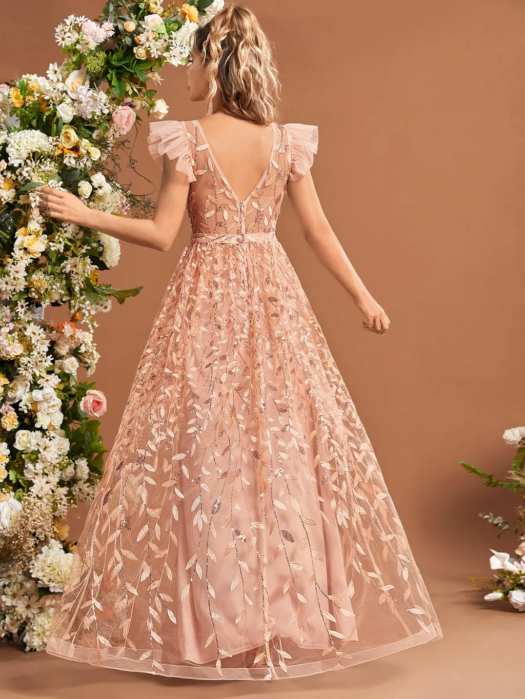 Lace Mesh Evening Gown With Ruffled Sleeves Ball Dress