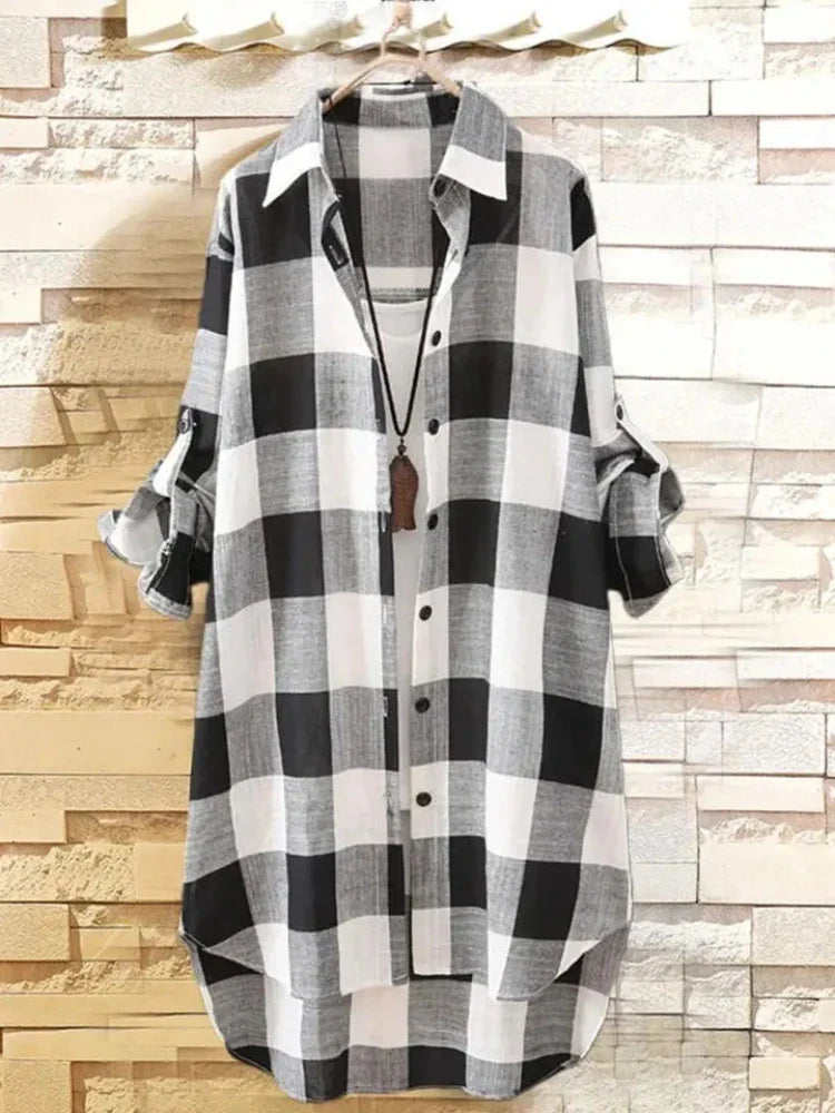 Casual Plaid Linen Cotton Long Sleeve Blouse Mid Length Loose Button Down Shirt for Women Autumn and Winter Fashion