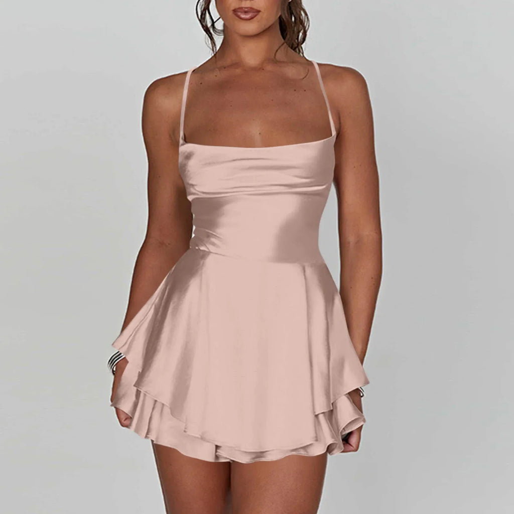 Backless Satin Party Dress With Cowl Neck Spaghetti Straps