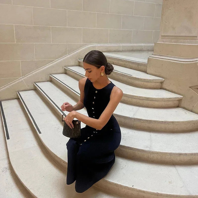 Elegant Sleeveless Ribbed Knit Bodycon Dress High Waist