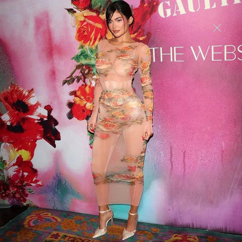 Sheer Mesh Floral Maxi Dress Long Sleeve Beachwear