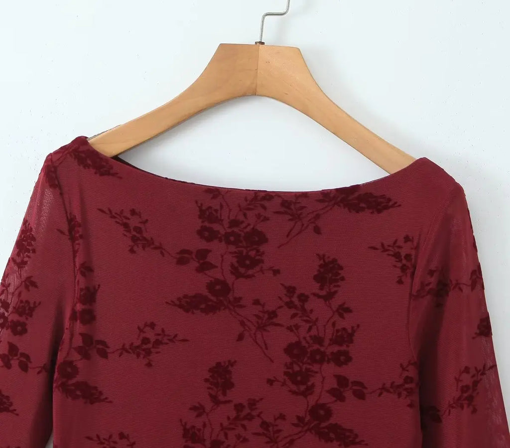 Retro Flocked Print High Waist Long Sleeve Dress Slim Fit