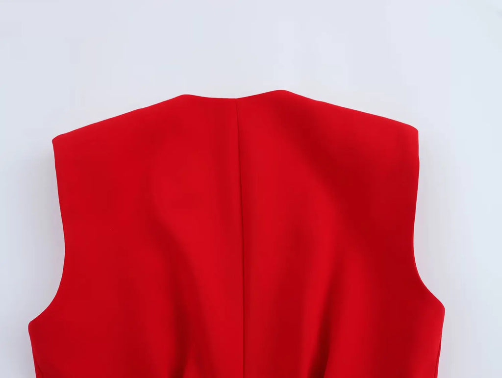 Women's Belted V-neck Vest Top with Shoulder Pads and Pockets Paired with Flared Pants for Casual Spring Summer Chic Look