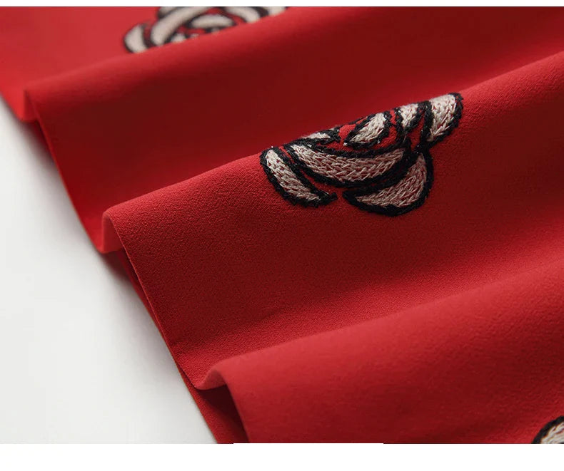 Floral Embroidery Chiffon Dress With Polo Collar For Office