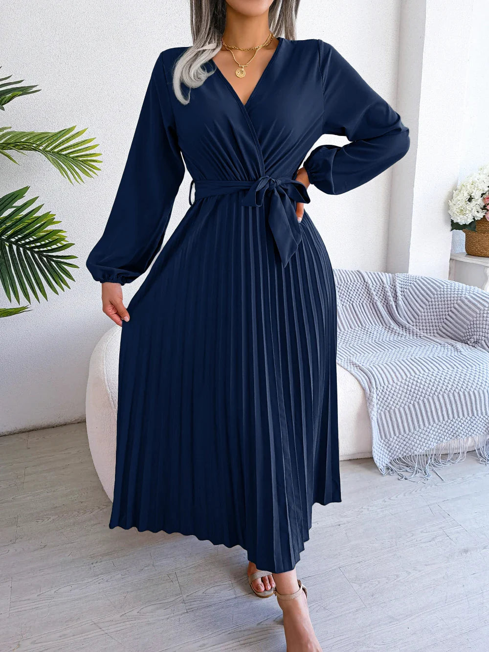 Elegant Surplice Neck Pleated Maxi Dress With Belt Flair
