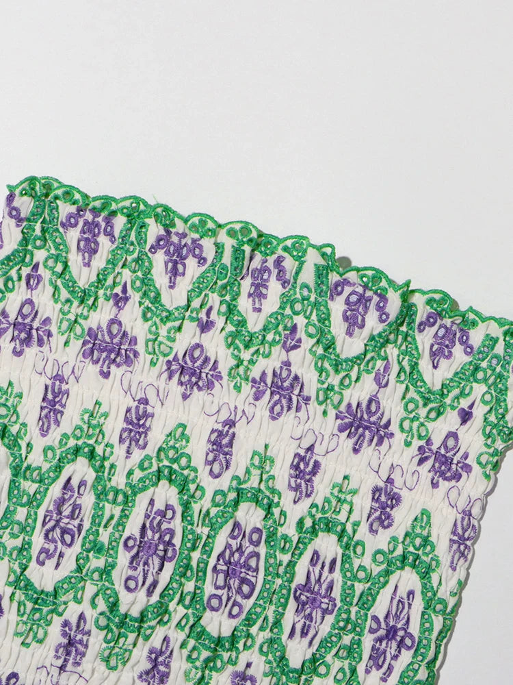 Embroidery Print Strapless Mini Dress Ruffled High Waist