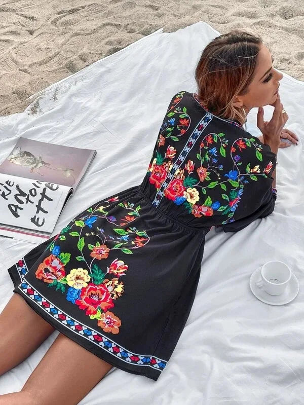 Bohemian Dress With V Neck And Tie Waist Beach Vacation