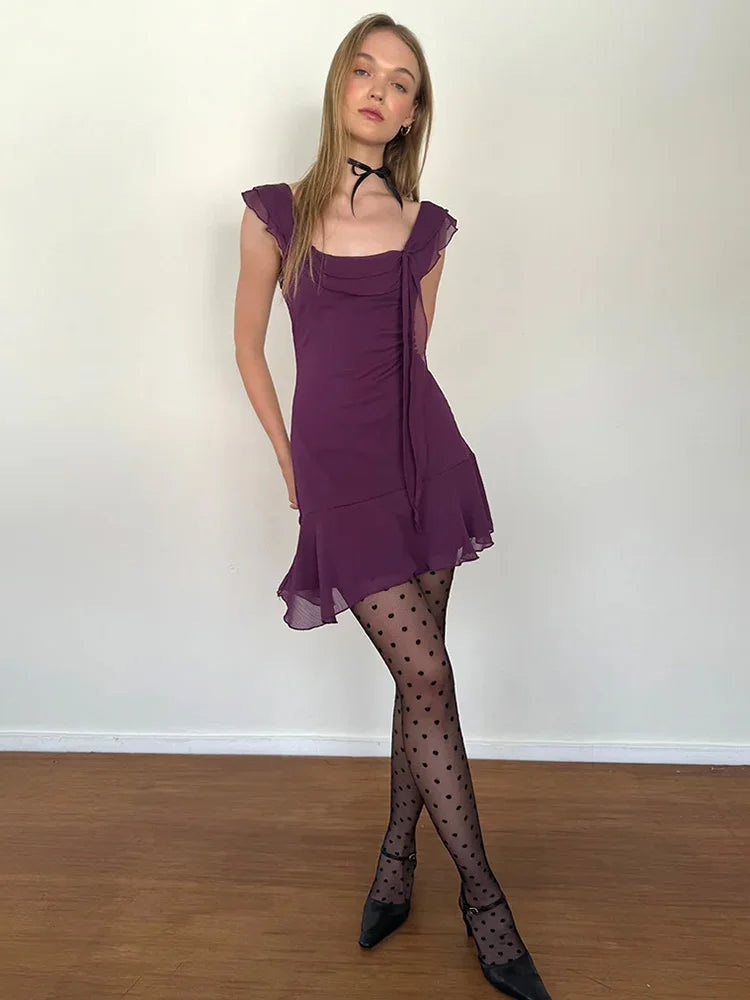 Sexy Tassels Patchwork Chiffon Mini Dress Sleeveless Zipper