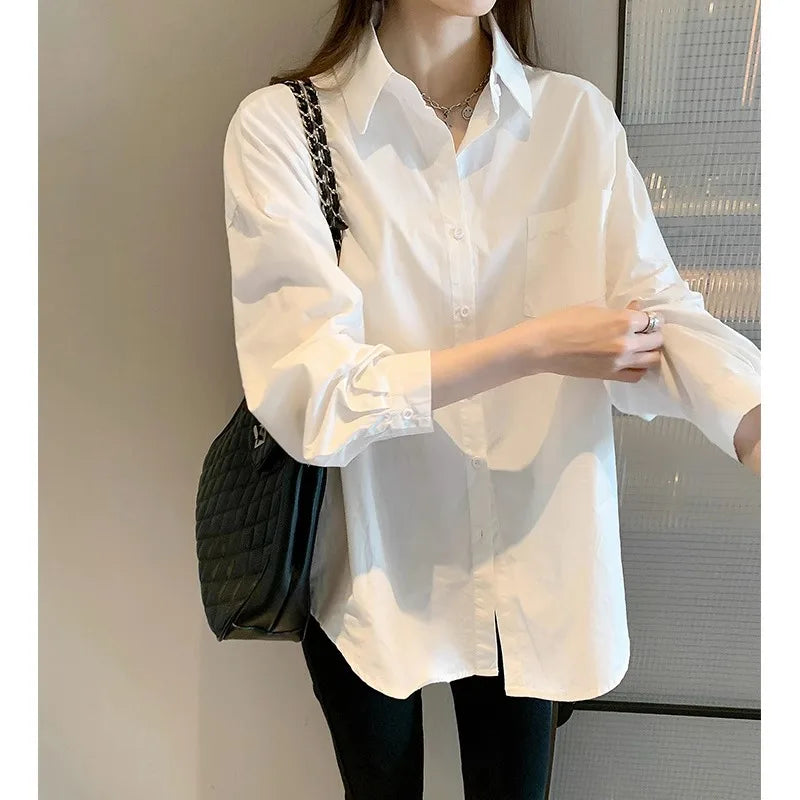 White Long Sleeve Blouse for Women Casual Loose Fit Office Shirt Simple Elegant Workwear Top