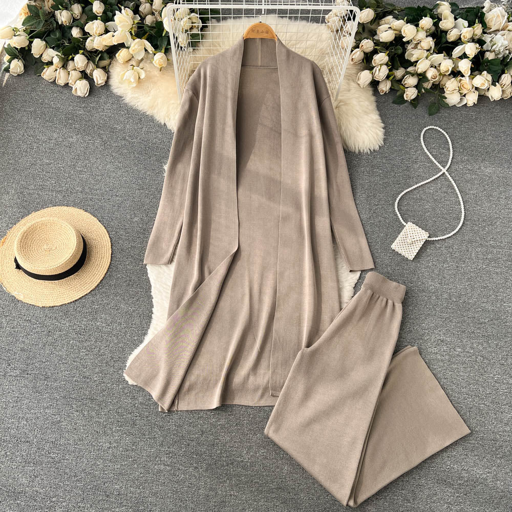 3 Piece Knitted Tracksuit Set for Women Comfy Loungewear with Long Cardigan Coat Turtleneck Vest and Pants