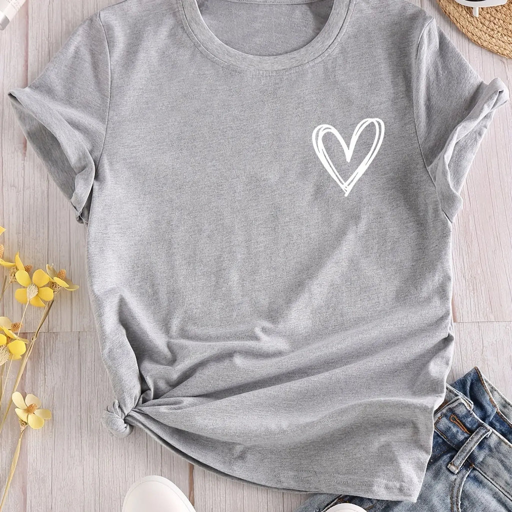 Heart Print Casual T-Shirt for Women, Crew Neck Short Sleeve Everyday Top