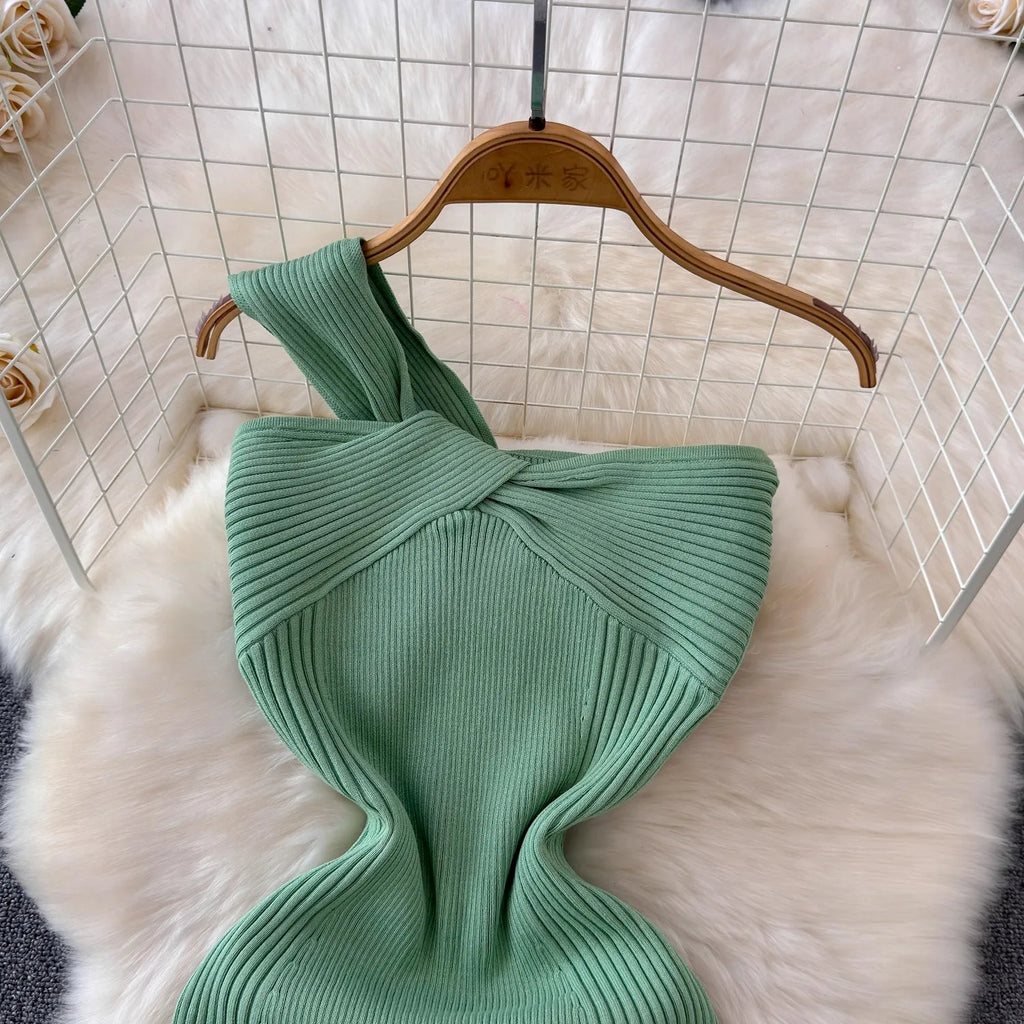 One Shoulder Bodycon Dress For Women Knitted Black Sundress