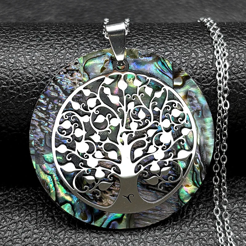 Tree of Life Abalone Shell Necklace Gold Color Stainless Steel Boho Jewelry for Weddings and Special Occasions