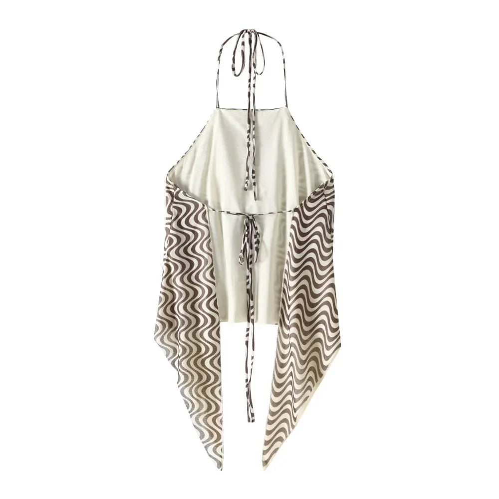 Women's Silk Screen Print Hanging Neck Open Back Top with High Waist Slimming Skirt Set Summer Fashion Two-Piece Outfit