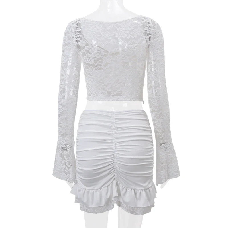 Elegant Y2K Lace See-Through Long Sleeve Crop Top with Ruched Slim Skinny Mini Skirt Two-Piece Set for Women