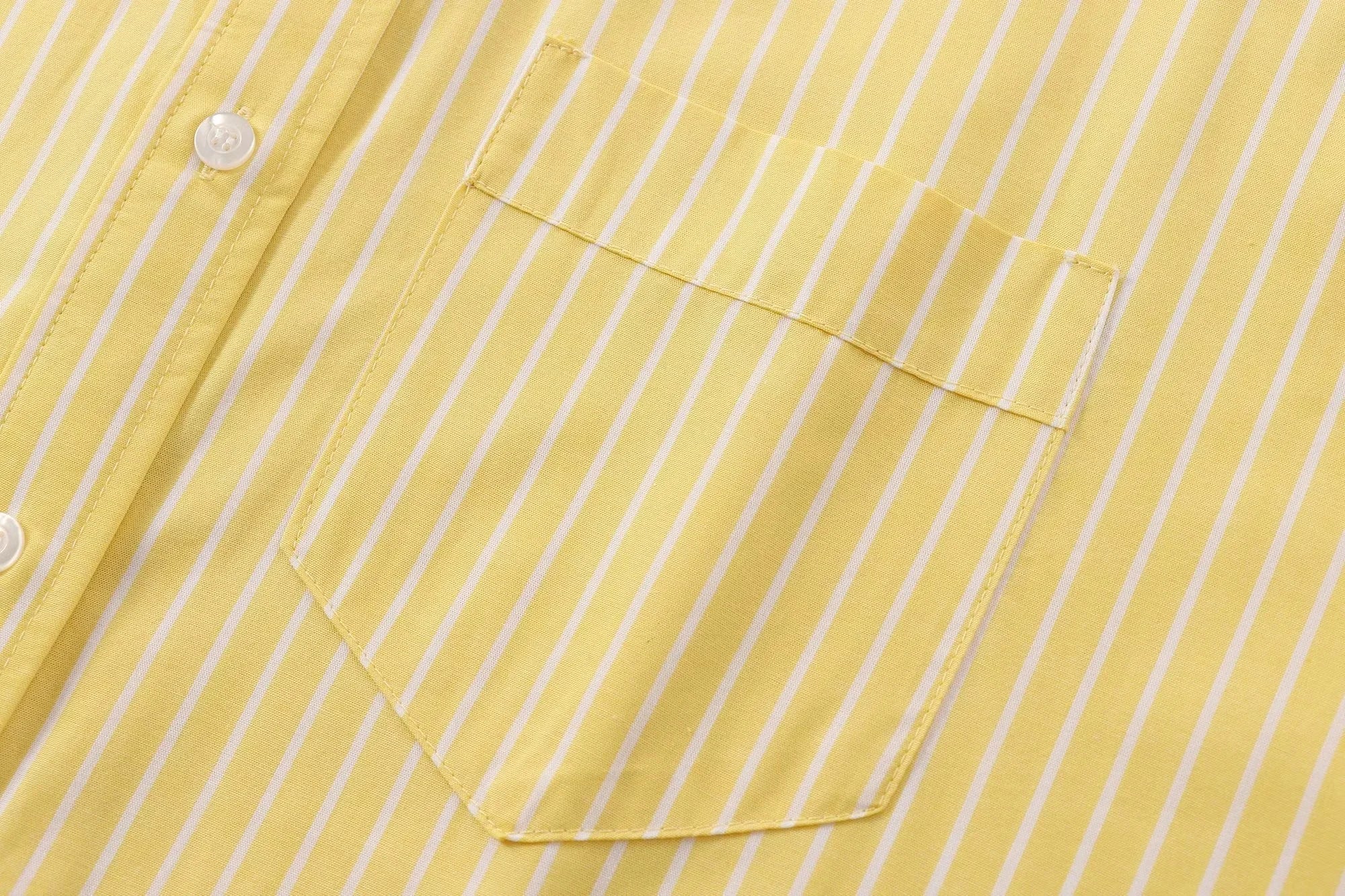 Casual Women Striped Butter Yellow Shirt Vintage Thin Fabric Turn-Down Collar Single Breasted Button-Up Top