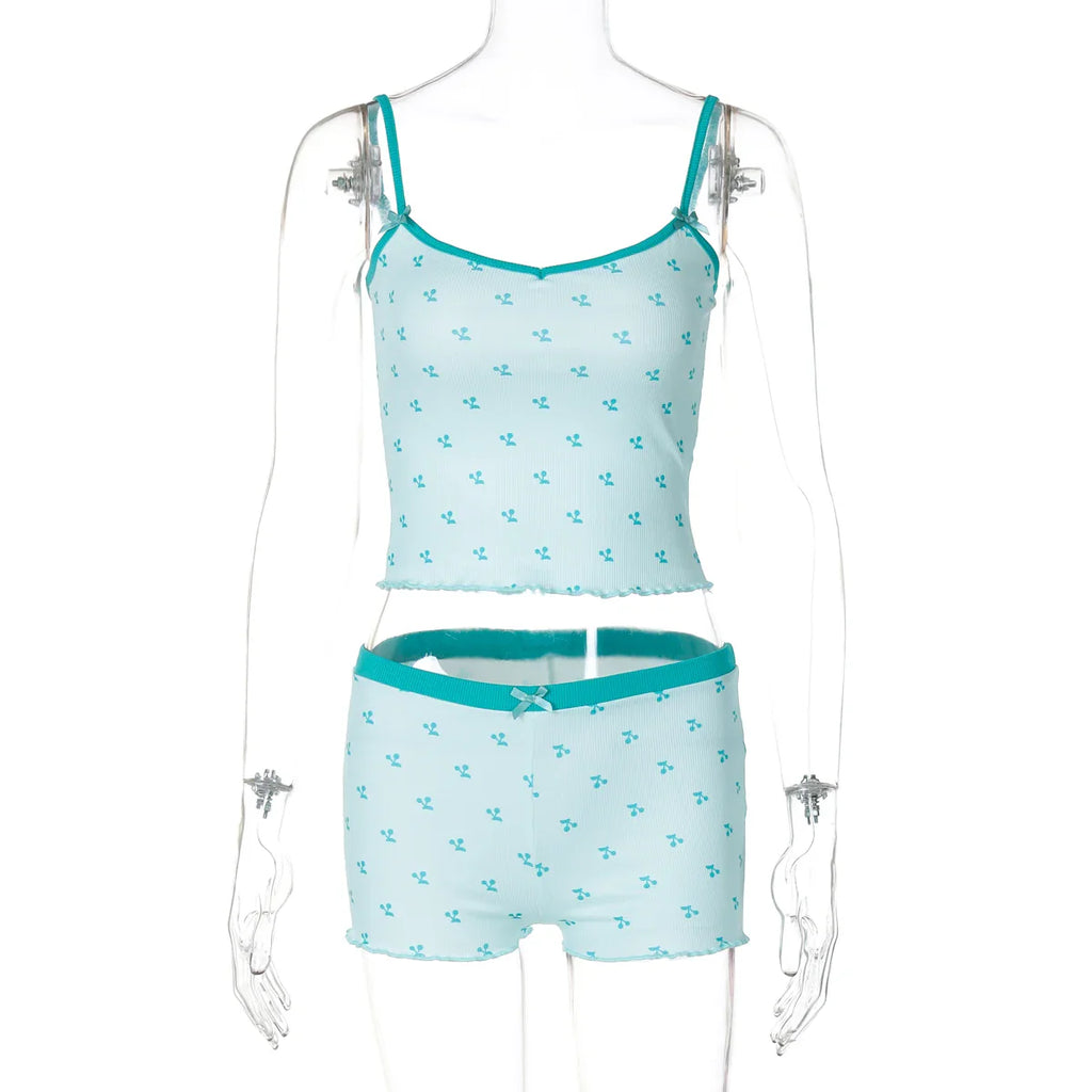 Cherry Print Two-Piece Matching Set with Slim Crop Camisole Top and Bow-Accent Shorts Summer Casual Festival and Workout Outfit for Women