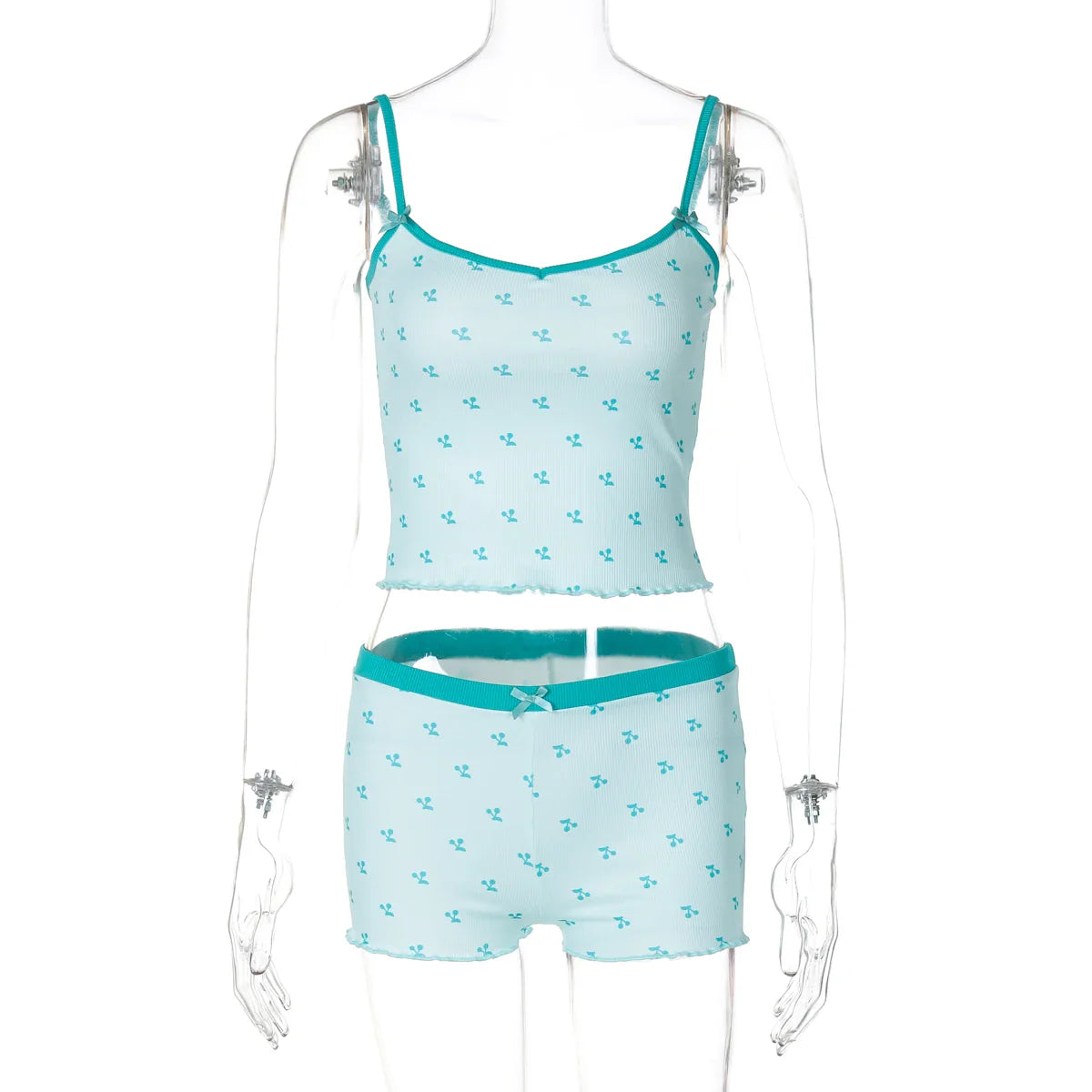 Cherry Print Two-Piece Matching Set with Slim Crop Camisole Top and Bow-Accent Shorts Summer Casual Festival and Workout Outfit for Women