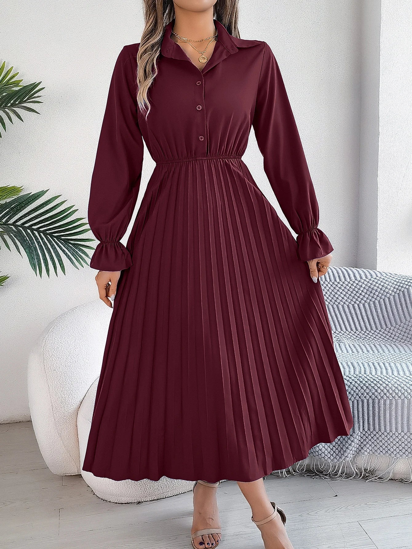 Solid Color Polo Neck Pleated Long Sleeve Dress For Women