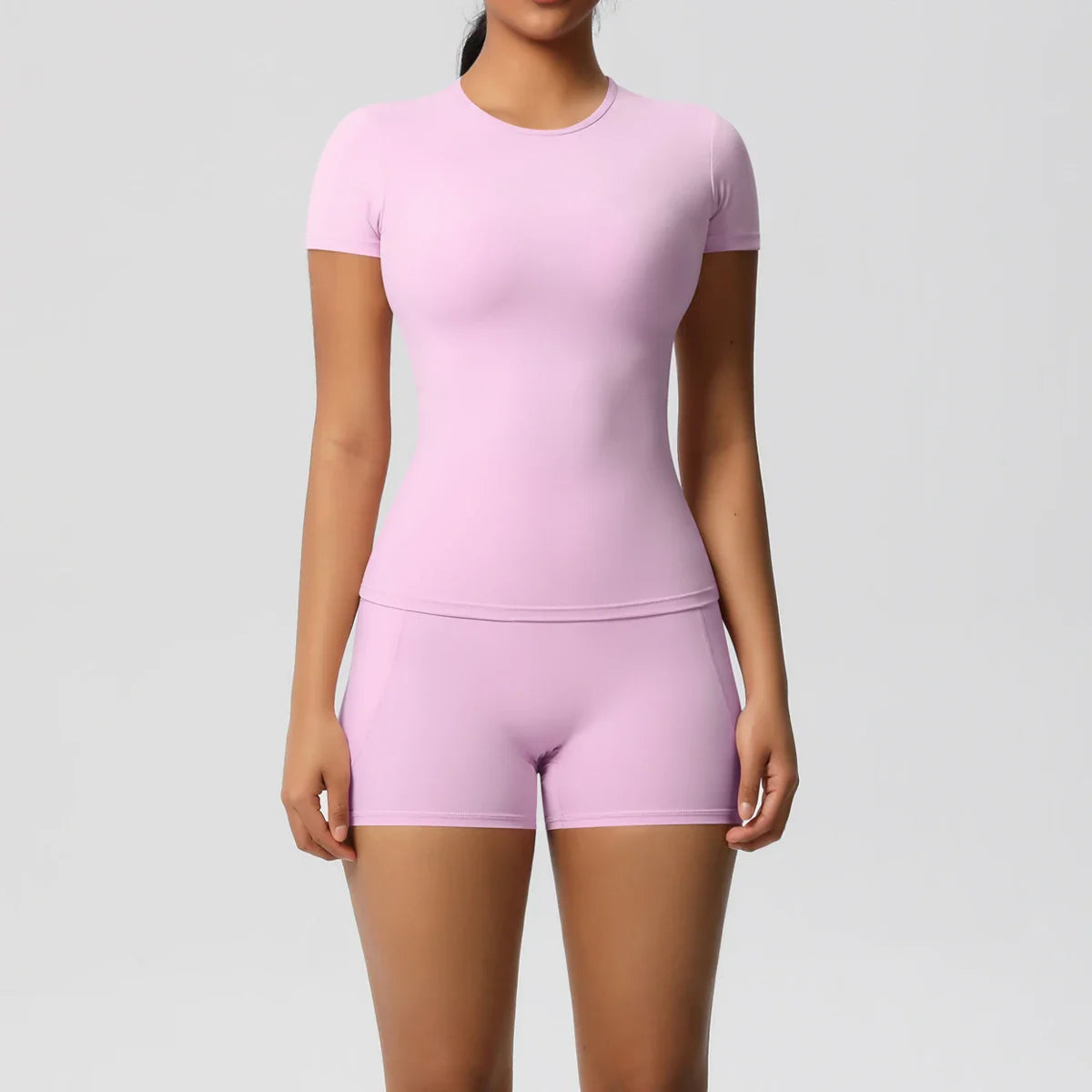 2PCS Women's Yoga Set with Pocketed Shorts and Short Sleeve Crop Top Sports Bra Comfortable Fitness Tracksuit Activewear for Gym and Outdoor Workouts