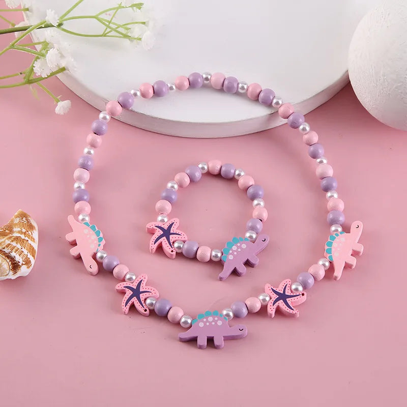 Colorful Cartoon Unicorn Wooden Jewelry Set for Kids Necklace and Bracelet Gifts