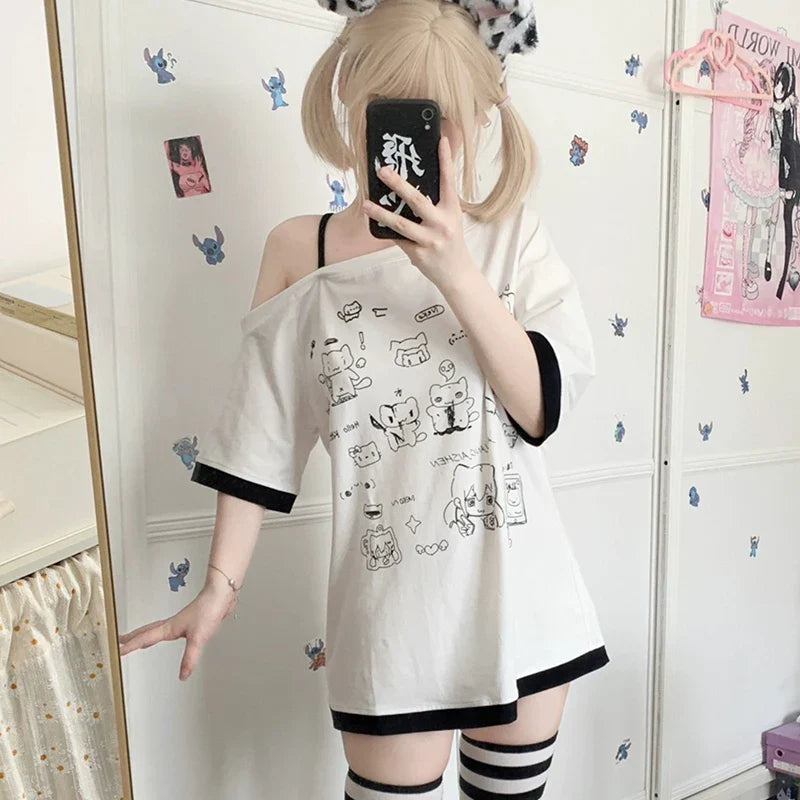 Japanese Y2K Subculture Cute Off-Shoulder White Short-Sleeved Cartoon Print Summer T-Shirt for Women