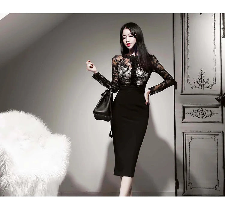 Korean Lace Bodycon Dress Women Office Sheath Pencil