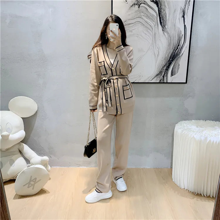 Autumn Elegant Two-Piece Trouser Suit for Women Long Sleeve Tailored Coat with Casual Wide Leg Trousers Office Lady Chic Set