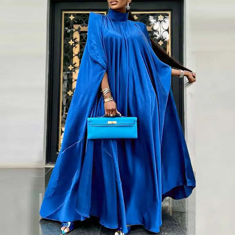 Satin Pleated Evening Dress With Stand Collar Long Sleeve