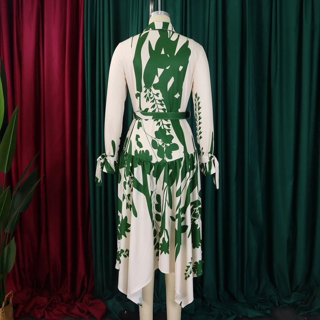 Printed Dress For Women Elegant Turn Collar Ankle Length