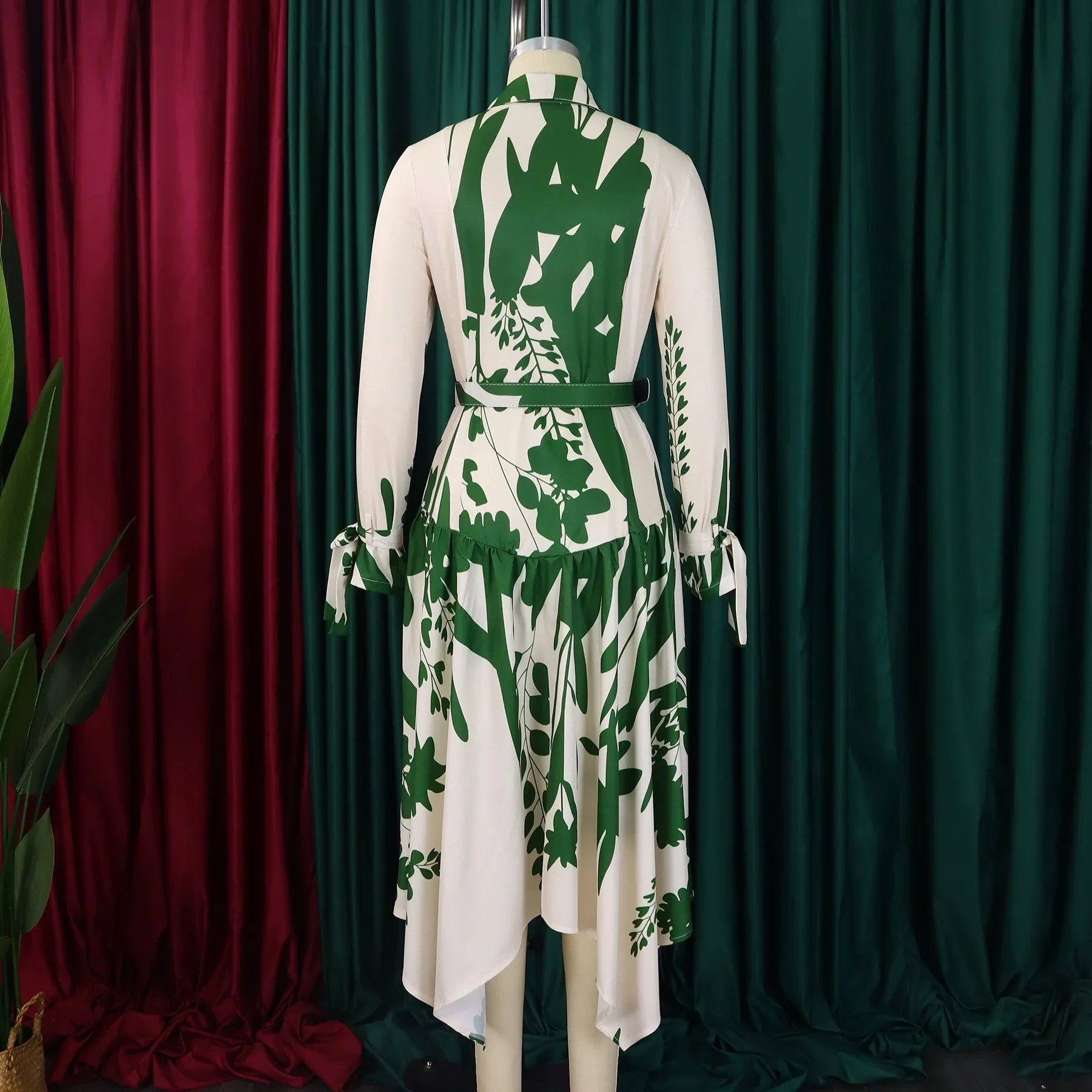 Printed Dress For Women Elegant Turn Collar Ankle Length