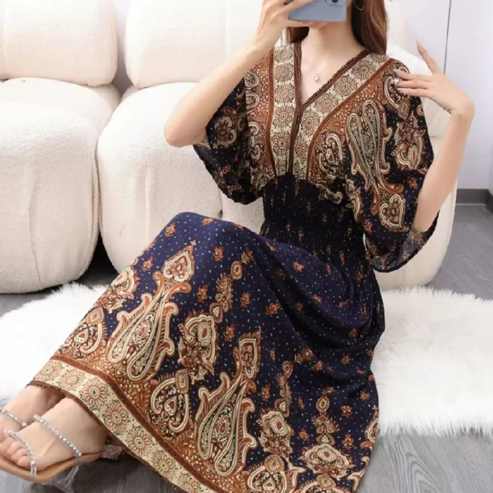 Chic Womens V Neck Vintage Boho Print A Line Dress Style