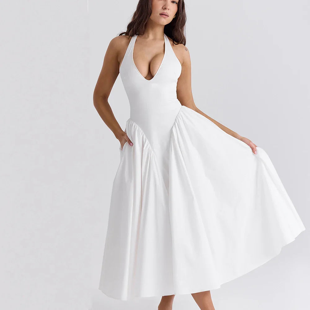White Halter Neck Maxi Dress Sleeveless Open Back For Women