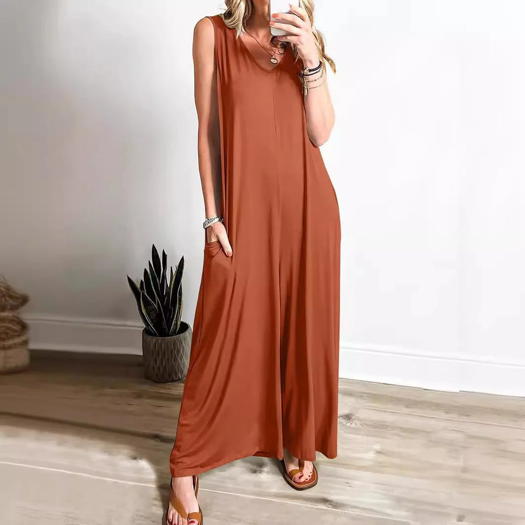 Summer Casual Women's Lightweight Pocket Jumpsuit Breathable Thin Fabric Romper for Daily Wear
