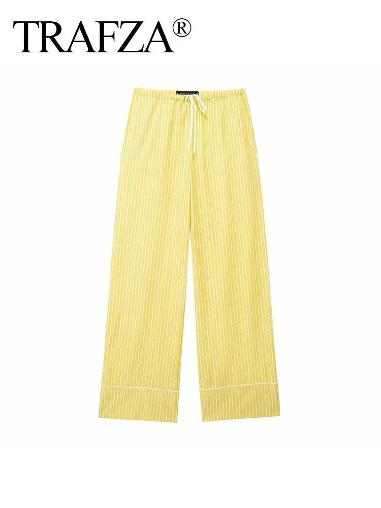 Stylish Women's Yellow Striped High Waist Drawstring Casual Trousers Cozy Loose Long Pants