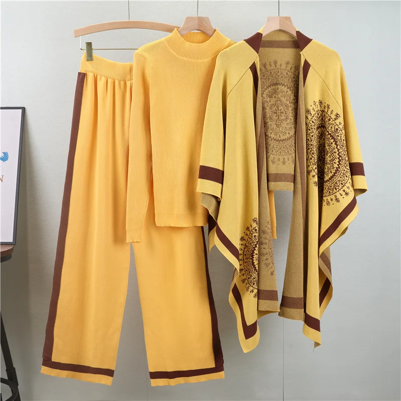 Knit Shawl Sweater Three Piece Set for Women with Loose Wide Leg Pants and Casual Jacket in Solid Colors for Autumn and Winter Wear